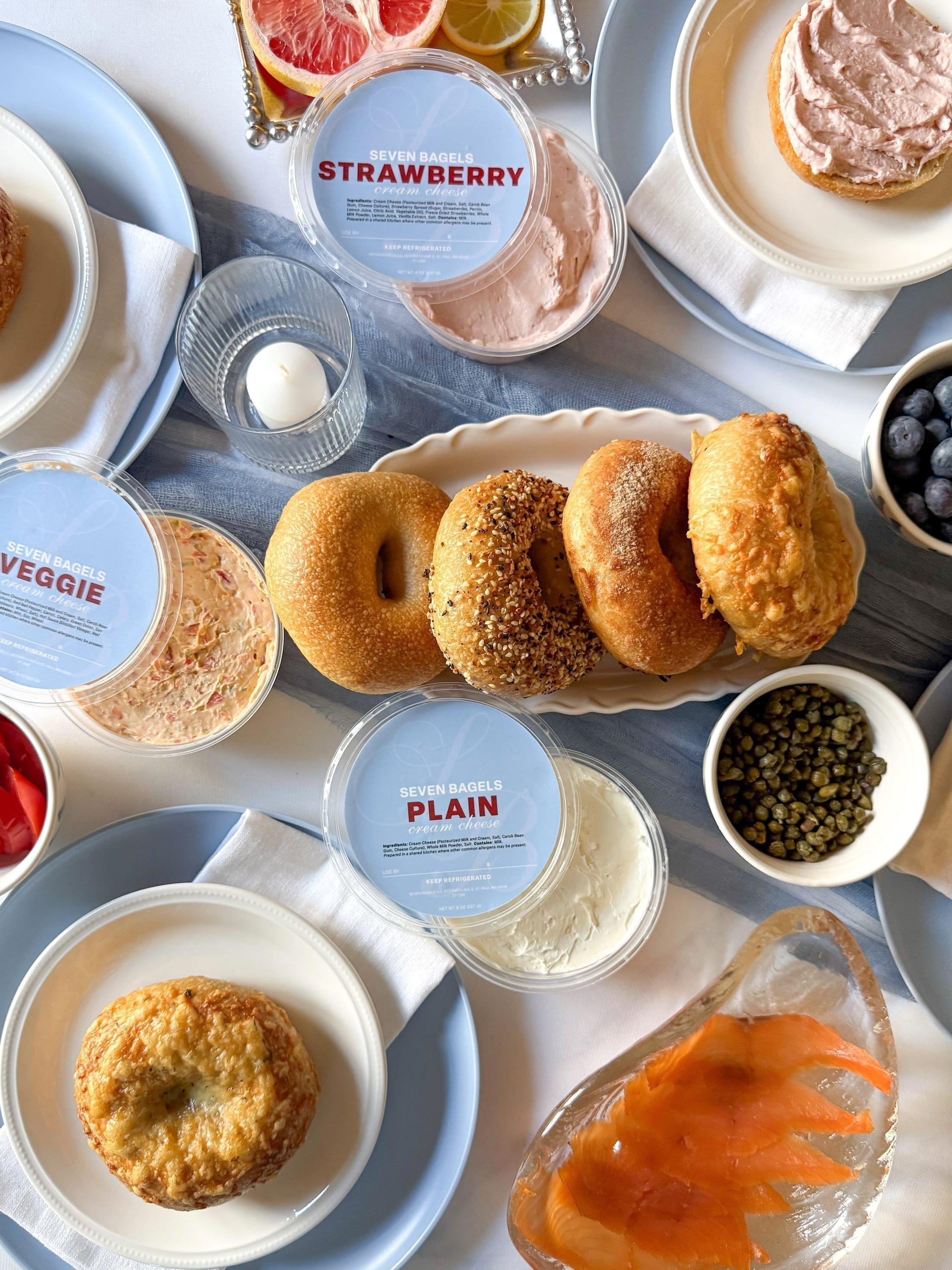 Seven Bagels spread on table