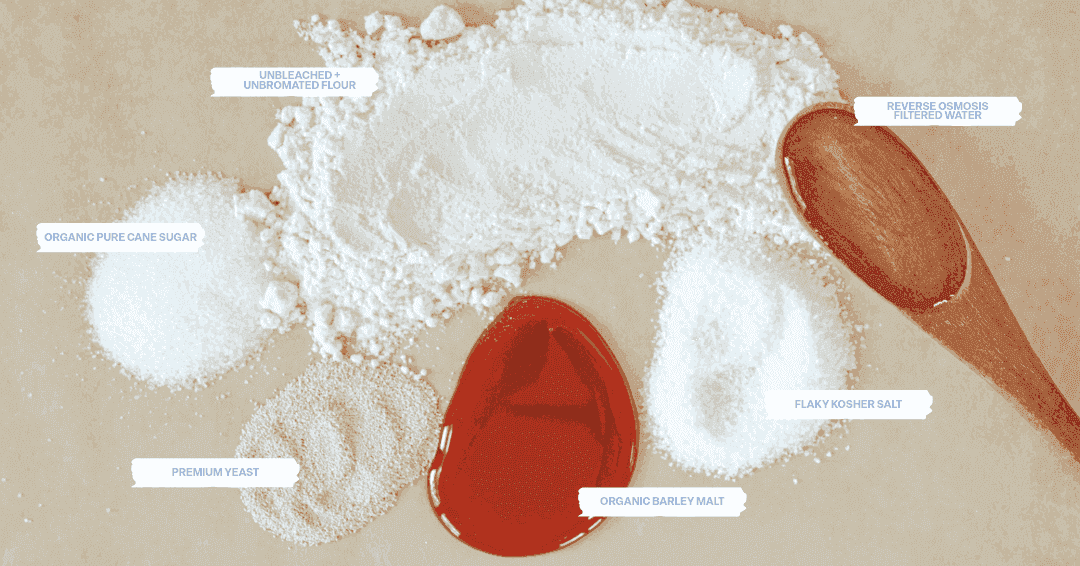 Bagel ingredients including flour, sugar, and kosher salt